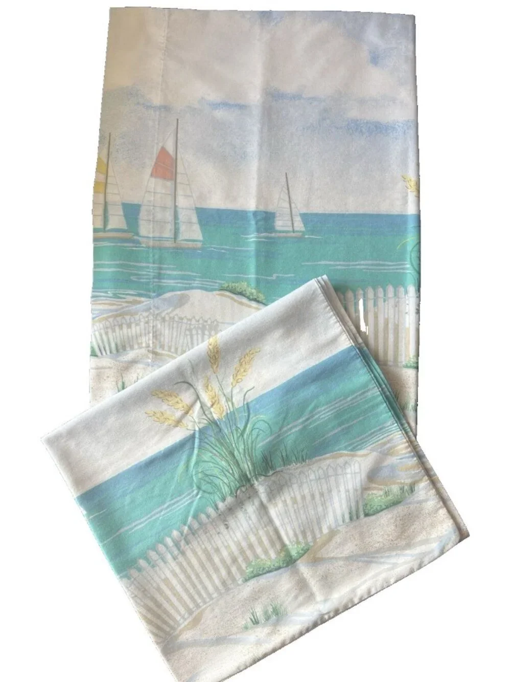 SPRINGS Pillowcase PAIR Standard Beach House Sailboats Ocean Sea Oats 50% Cotton